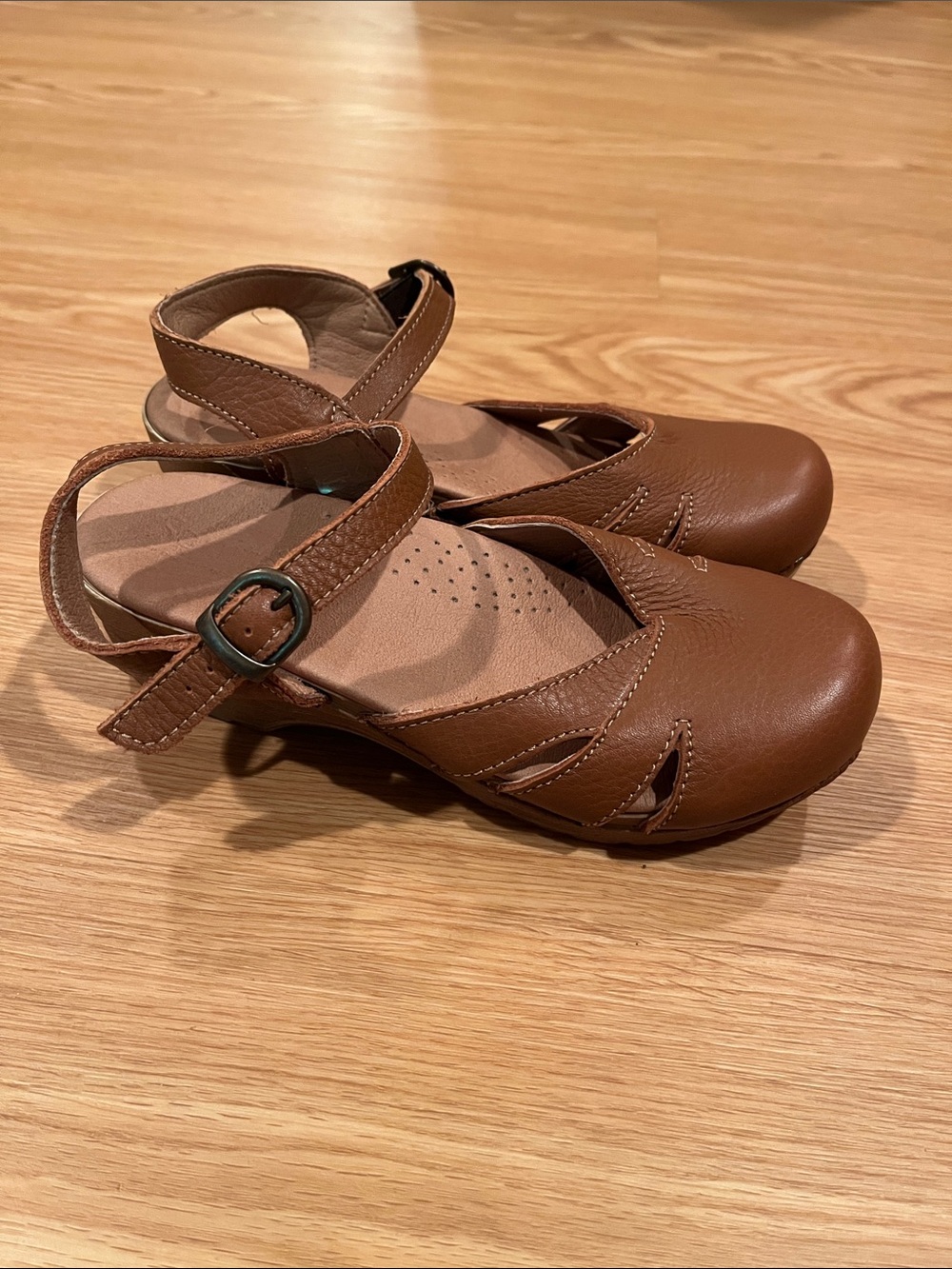 Sanita Brown Leather Mary Jane Clog with Ankle Strap
